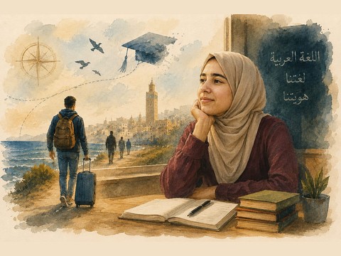 Ilustração de Siham, jovem marroquina, a refletir sobre a migração, com texto em árabe sobre a identidade e a língua