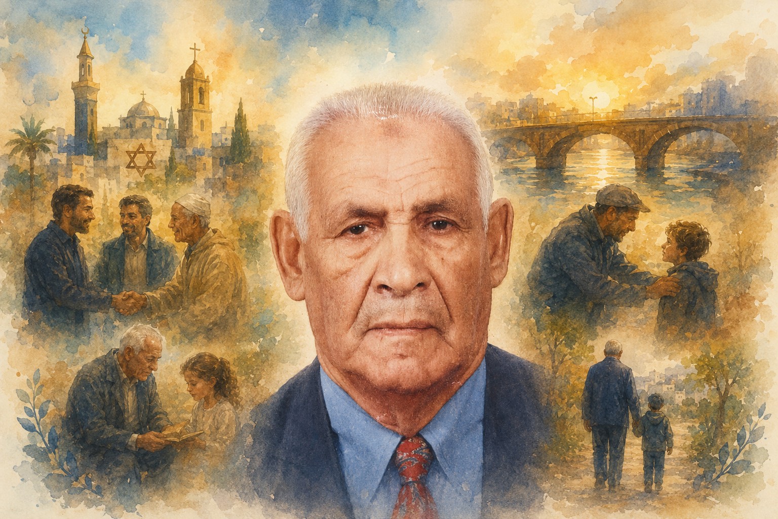 Retrato ilustrado do avô de Soraya, rodeado de cenas de convivência entre culturas e religiões: um aperto de mãos entre pessoas de diferentes comunidades, um avô a ler com uma menina, um avô e um neto a caminhar junto a uma ponte, e um perfil urbano onde convivem uma mesquita, uma igreja e uma estrela de David