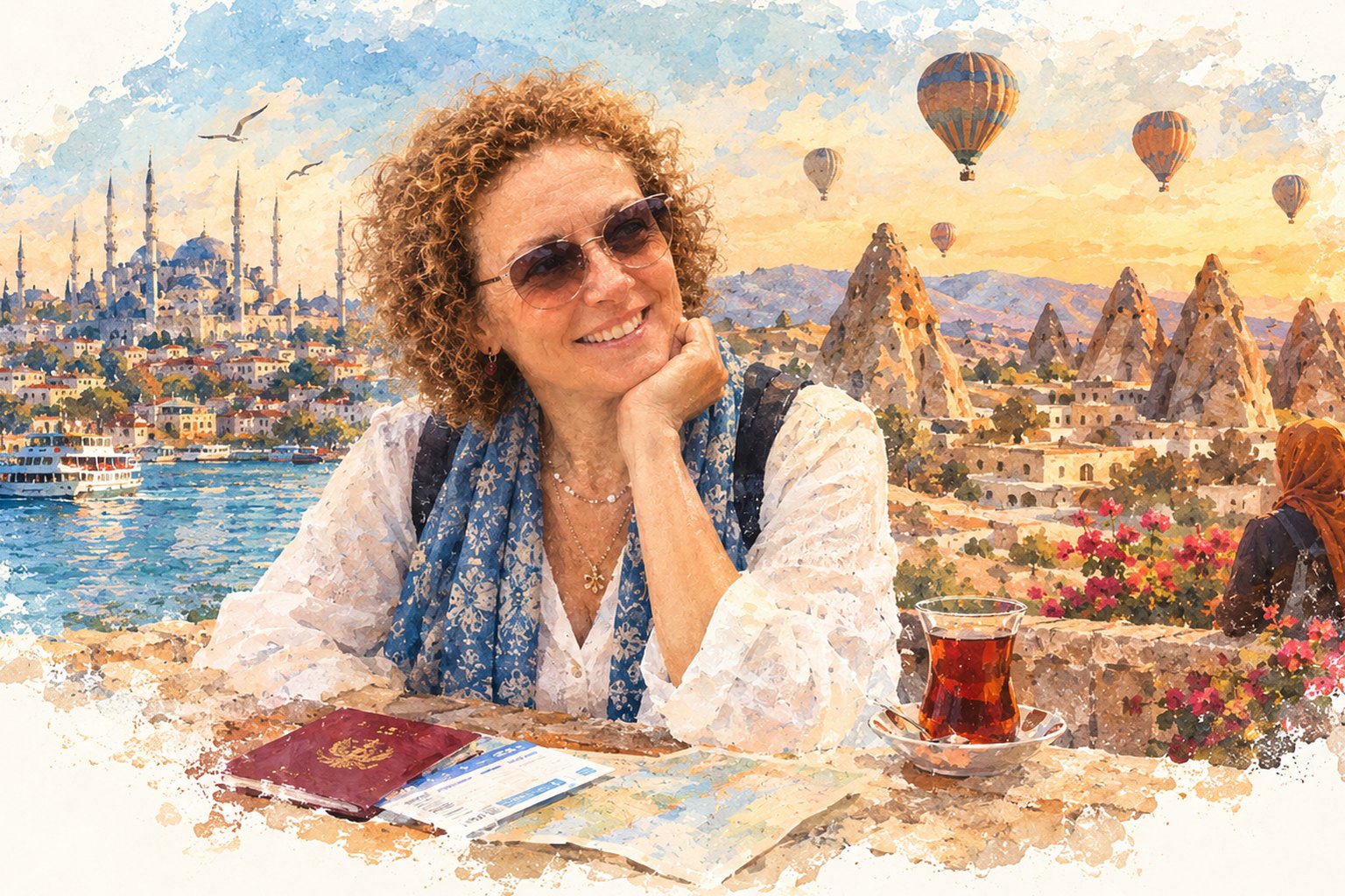 Ilustración en acuarela de una mujer sonriente en una terraza con un té turco, con Estambul y Capadocia al fondo.