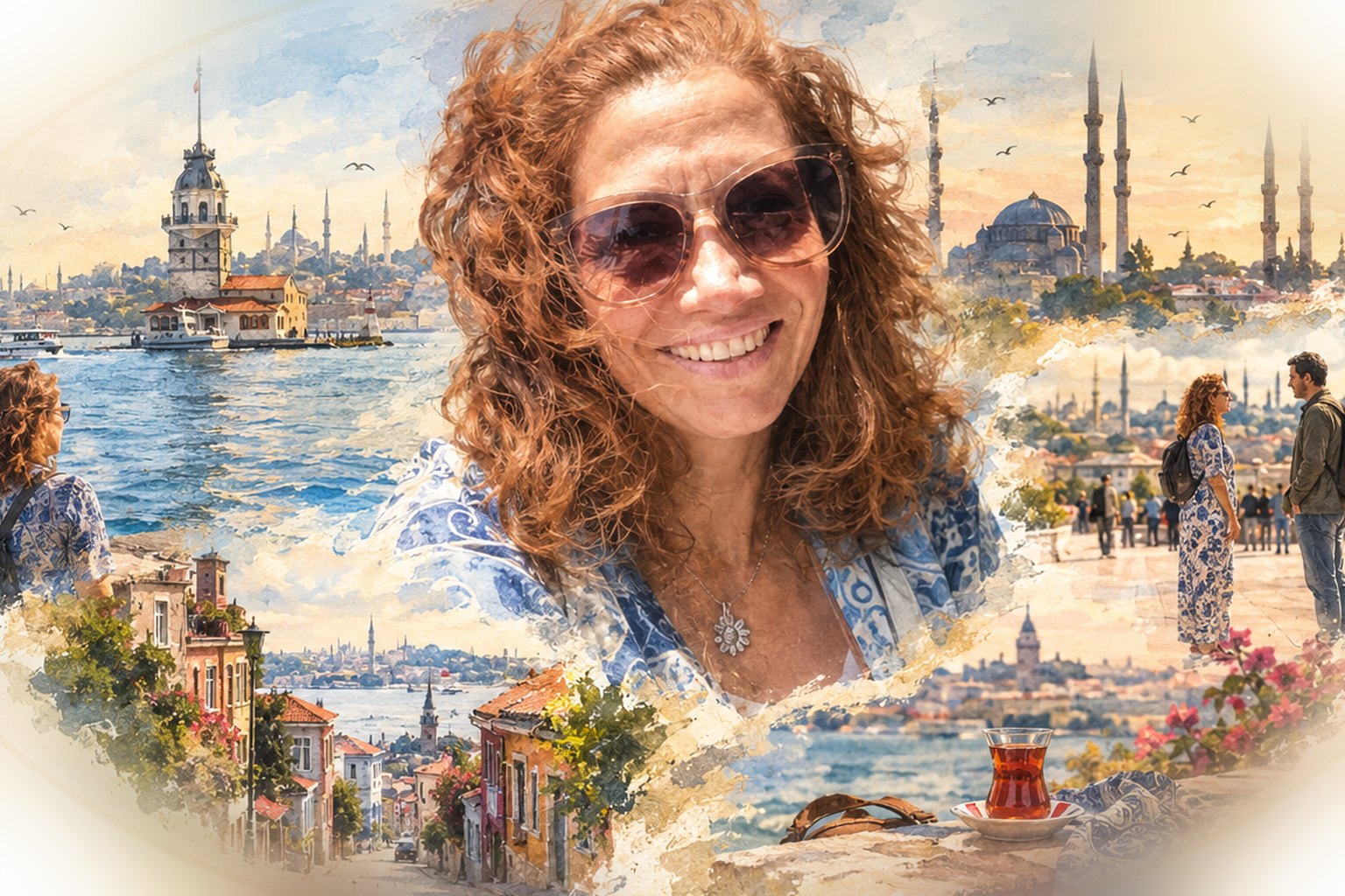 Ilustração de Elisa com cenas da sua história na Turquia
