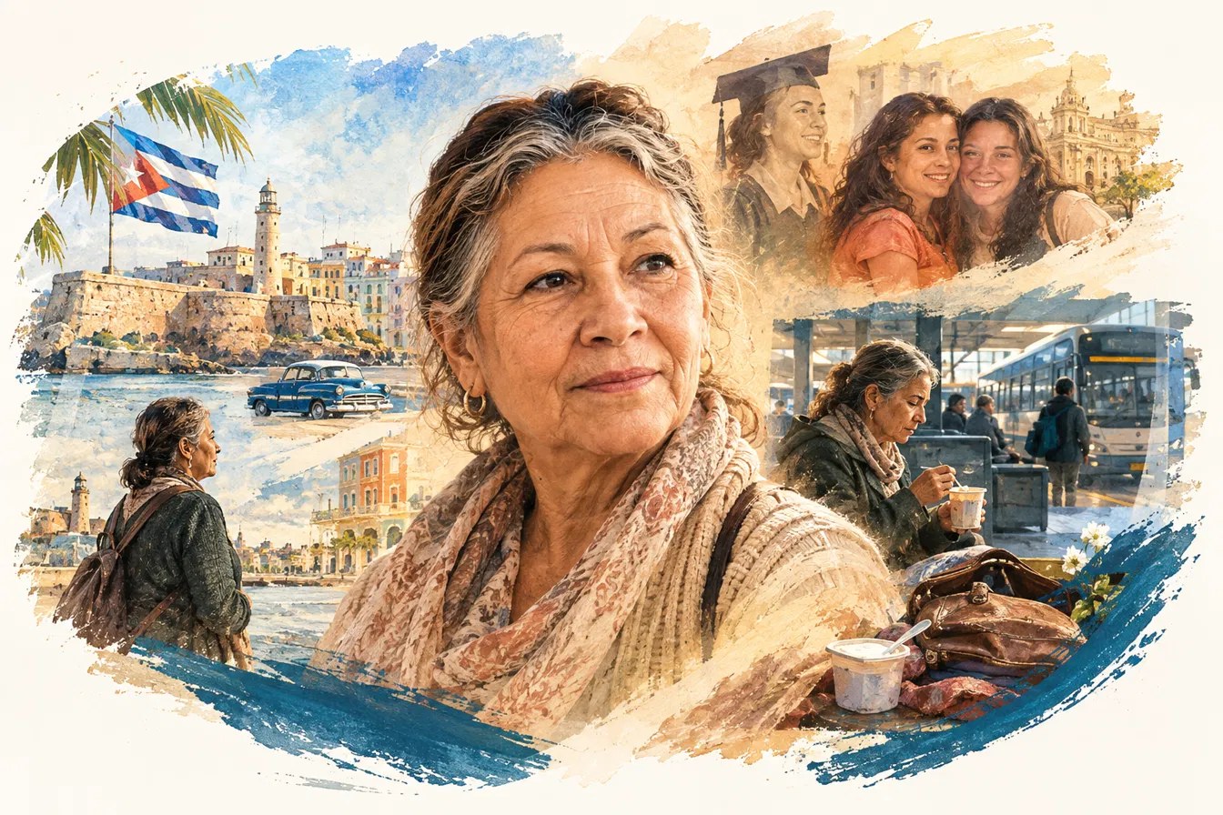 Ilustração em aguarela de uma mulher idosa com um lenço estampado e expressão pensativa; à sua volta, vinhetas de Havana com o Malecón, o Castelo del Morro e a bandeira cubana, um carro antigo, duas jovens formandas a abraçarem-se sob um capelo, e a própria mulher, vista de costas, com uma mala de rodas, e sentada numa estação de autocarros a comer de um pequeno recipiente com uma colher