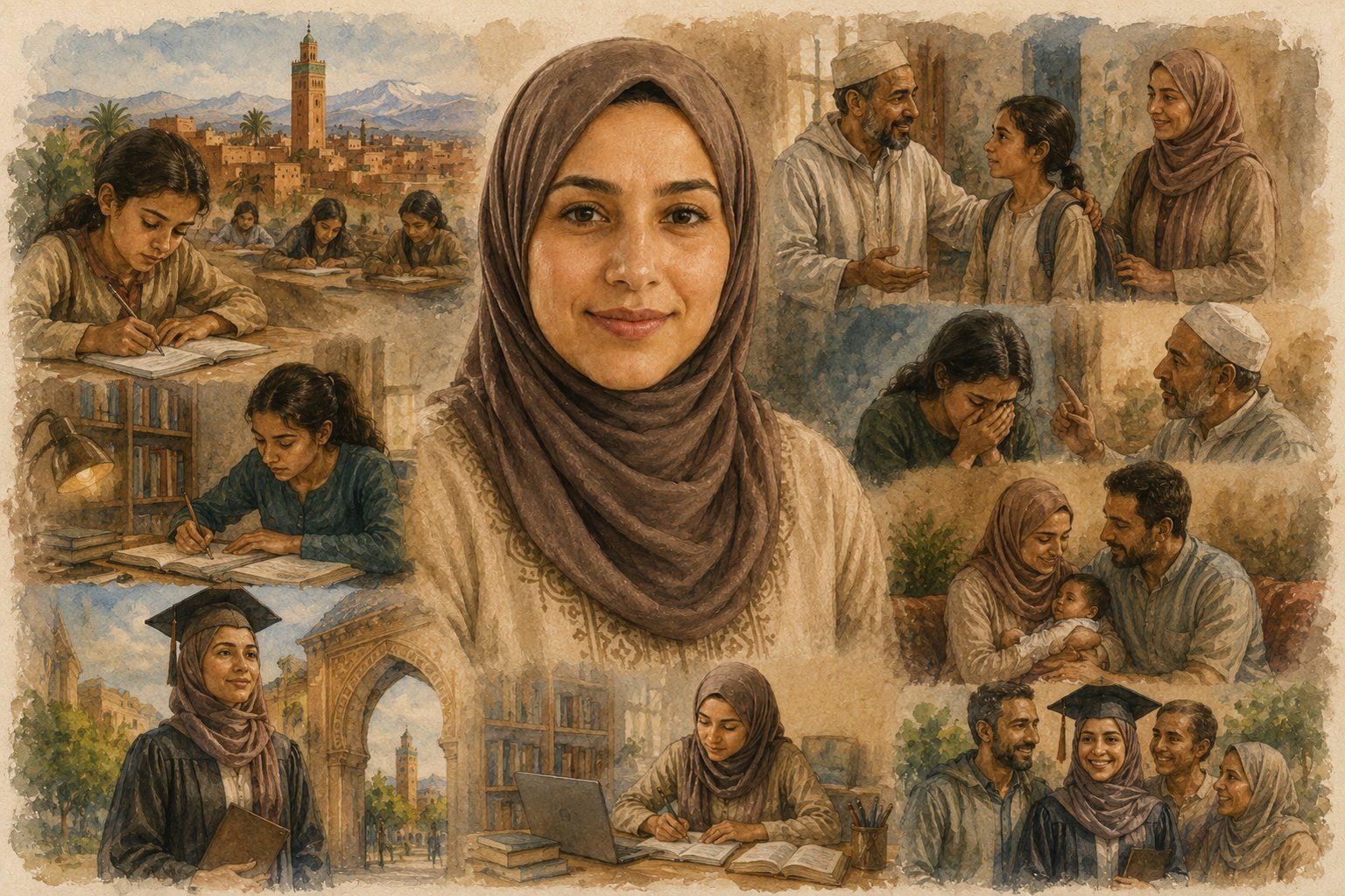 Ilustración de Mariam en distintos momentos de su historia: estudiando de niña, su graduación con birrete y toga, y su vida familiar en Marruecos