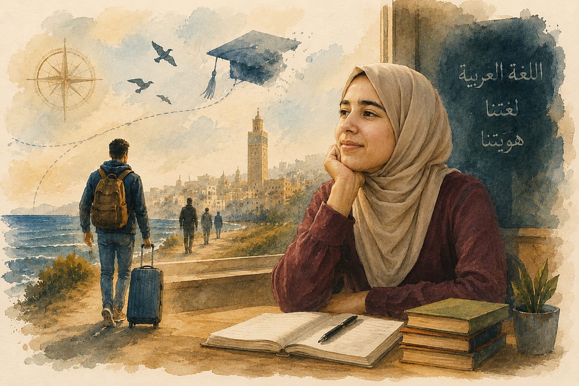 Ilustração em aguarela: Siham, com hijab, sentada diante de um caderno e livros, a olhar o horizonte sobre o mar; ao fundo um jovem caminha com uma mala em direção à costa, um barrete de formatura voa entre pássaros, e um quadro mostra em árabe o texto «O árabe é a nossa língua, a nossa identidade»