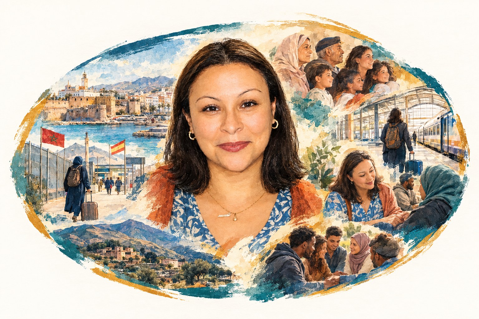 Ilustração em aguarela de Soraya Mohamedi rodeada de cenas da sua história: Melilla, a fronteira, as montanhas do Gurugú, a sua família e pessoas migrantes a receber orientação