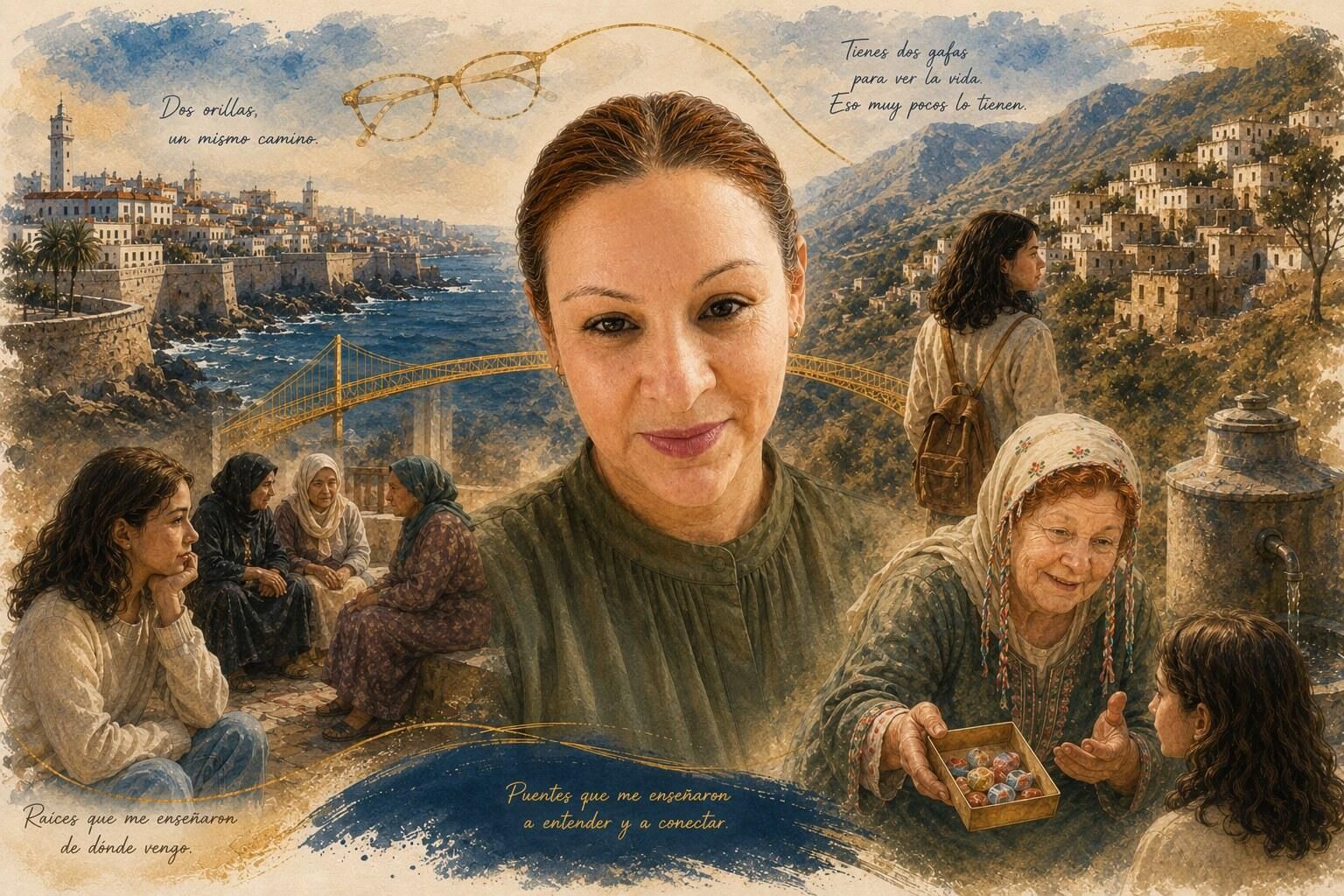 Ilustração de Soraya rodeada de cenas da sua história: a sua bisavó amazigh a mostrar-lhe uma caixa de rebuçados, uma aldeia nas montanhas do Rife, uma ponte dourada a unir duas margens e uns óculos dourados sobre o mar, símbolo de olhar o mundo a partir de duas culturas