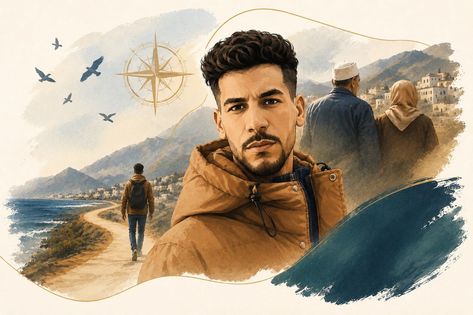 Ilustração de Yassine, um jovem marroquino, a olhar para o horizonte junto a um caminho costeiro e uma bússola dourada, símbolo do seu sonho de um futuro melhor